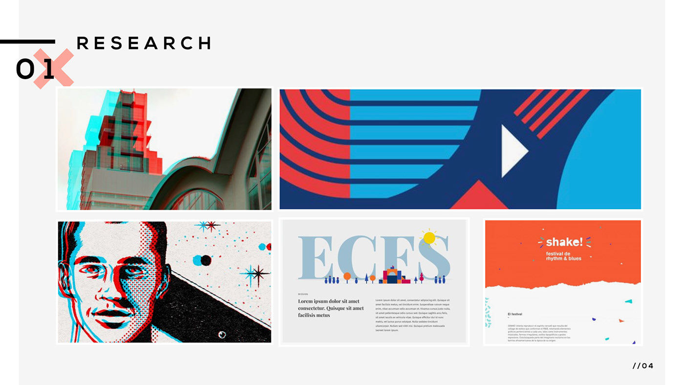 Research moodboard — visual references drawn from festival posters and editorial layouts