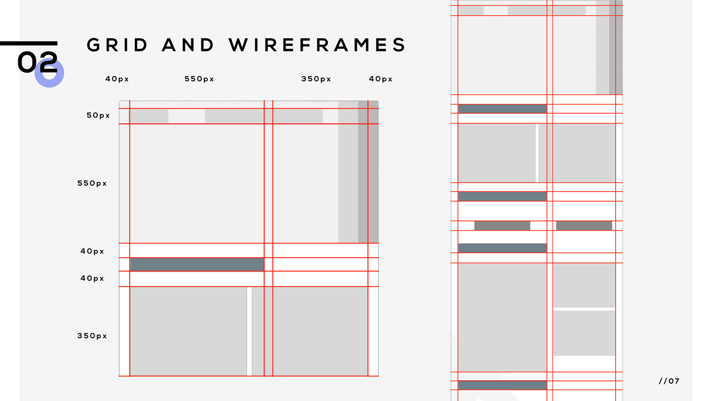 Grid and wireframe blocks — 550px + 350px column structure with 40px gutters, desktop and long-scroll variants