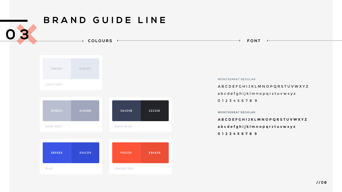 Brand palette — light grey, dark grey, dark blue, cobalt blue and ginger red — plus Montserrat typography
