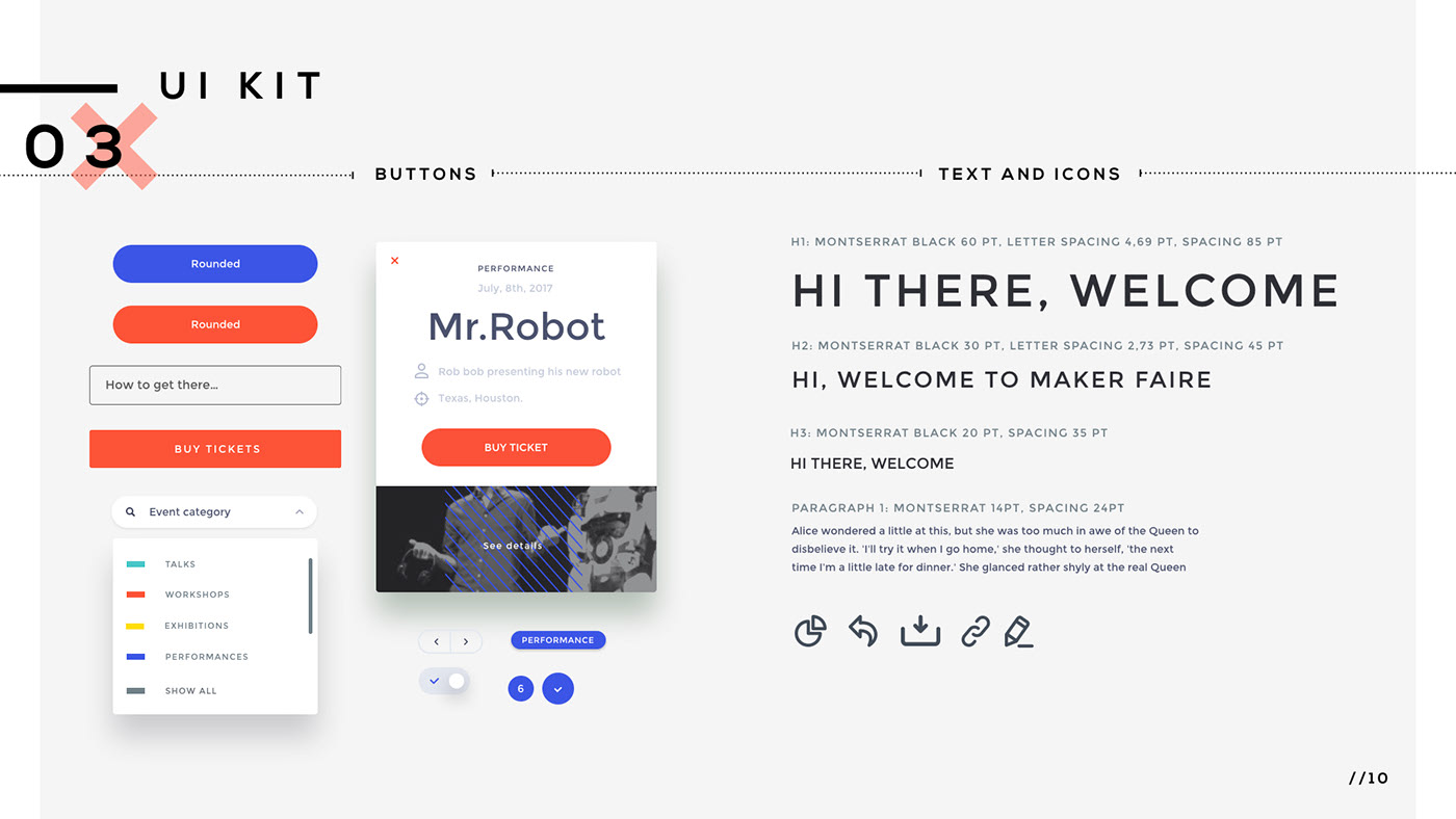 UI kit — buttons, event cards, dropdowns, icons and typographic scale