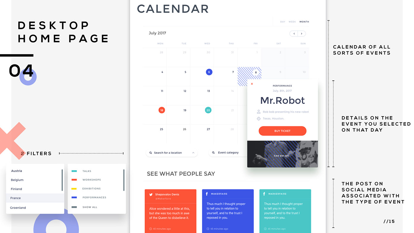 Calendar view with month / week / day filters and event detail popover